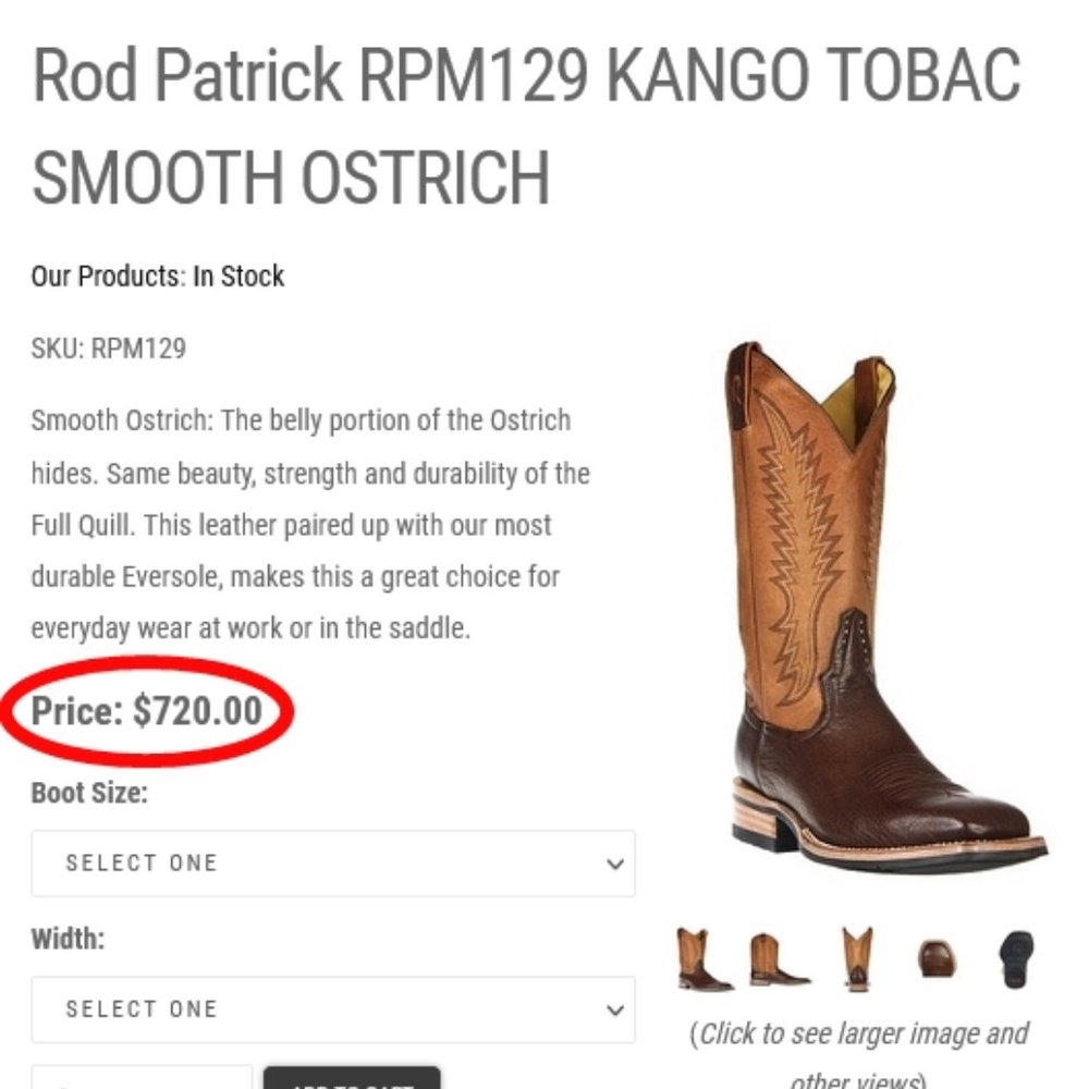 $720.00 Rod Patrick Smooth Ostrich Cowboy Boots Size 7-1/2D (Worn one time)